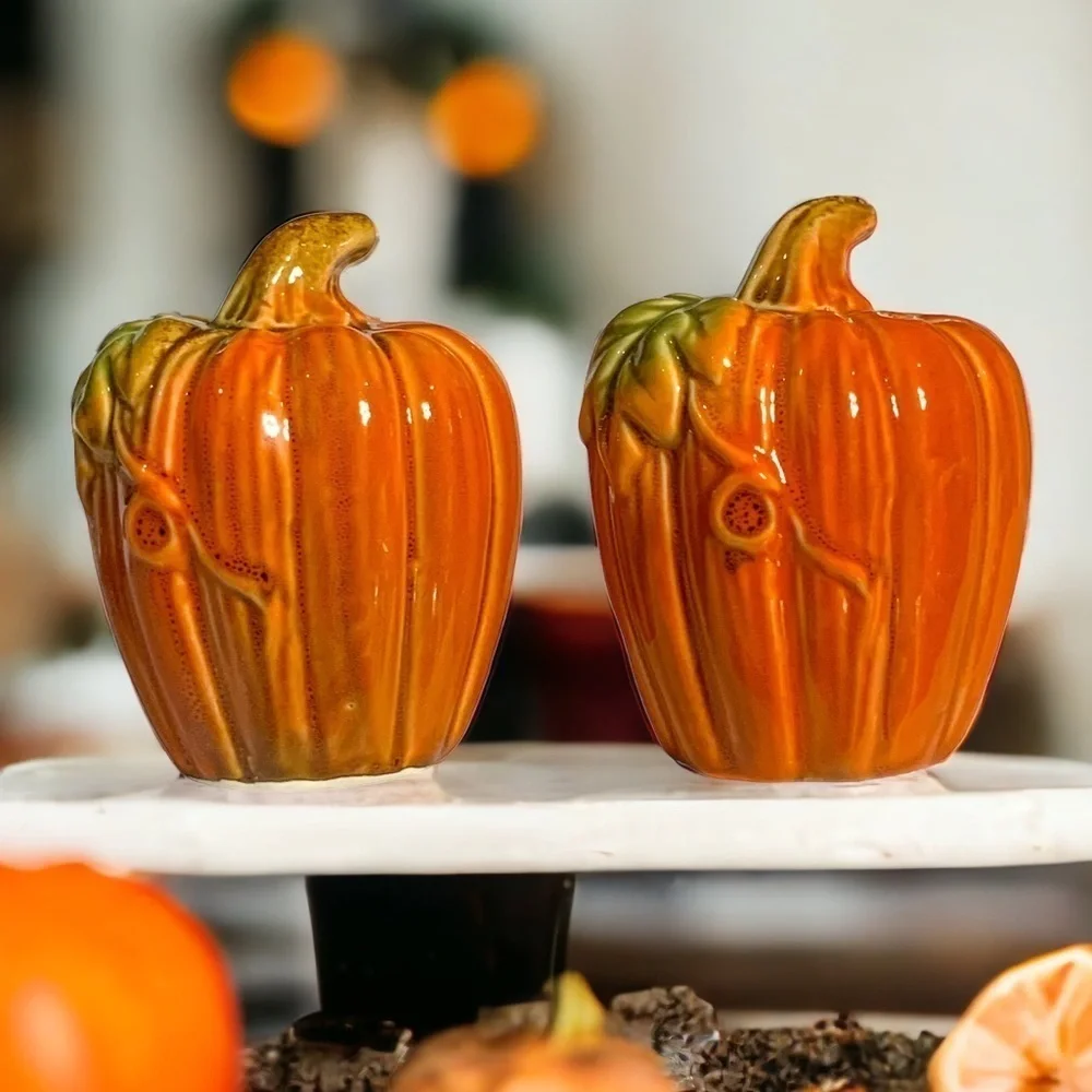 Salt and Pepper Autumn Harvest Artisan Hand Painted Glazed Ceramic Set
